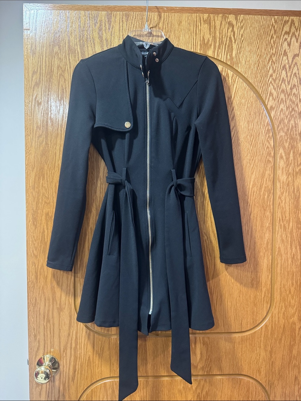 Fashion Nova Black Long-Sleeve Zip-Front Fit & Flare Dress with Waist Ties
